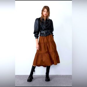ZARA Brown Caramel TAFFETA Full TIERED MIDI SKIRT , Size M . NWT